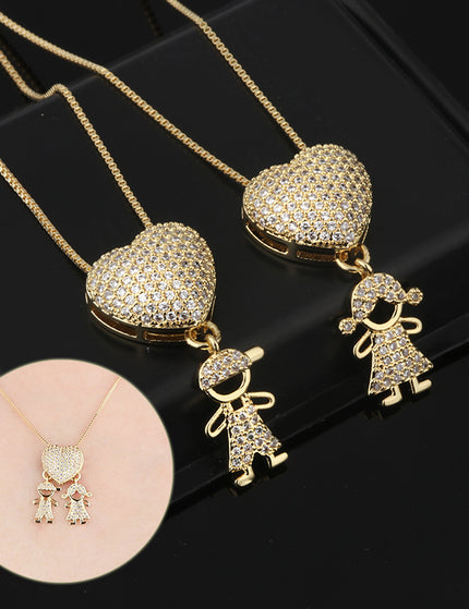 Fashion Jewelry Son Daughter Heart Gold Color Cubic Zirconia Family Girl Boy Pendant Necklace Chain Jewelry For Mother Gift