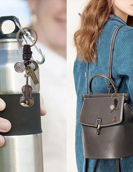 Simple Personality Vintage Guitar Keychain Cowhide Woven Charm Music Lovers