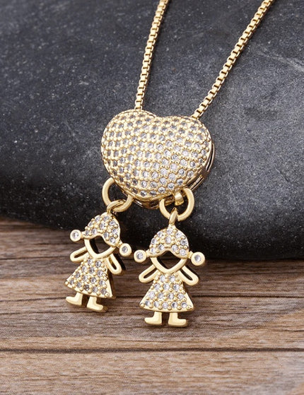 Fashion Jewelry Son Daughter Heart Gold Color Cubic Zirconia Family Girl Boy Pendant Necklace Chain Jewelry For Mother Gift