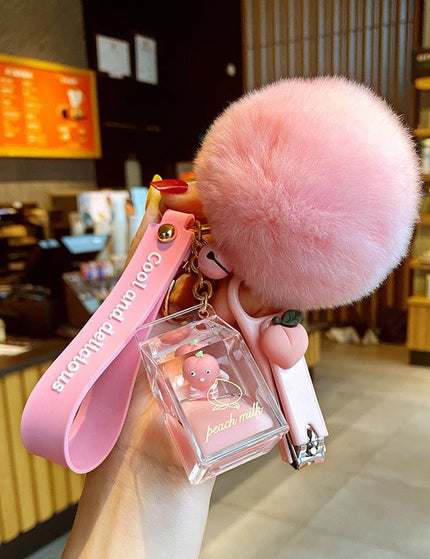 Milk Bottle Crystal Peach Milk Tea Cup Keychain Cute Fur Ball Key Chain Bag Pendant