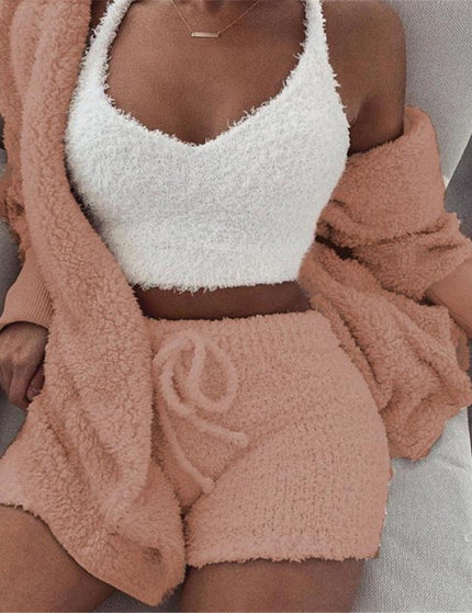 3pcs Womens Clothing Long Sleeve Crop Tank Top And Drawstring Shorts Pajama Set