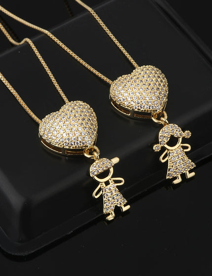 Fashion Jewelry Son Daughter Heart Gold Color Cubic Zirconia Family Girl Boy Pendant Necklace Chain Jewelry For Mother Gift