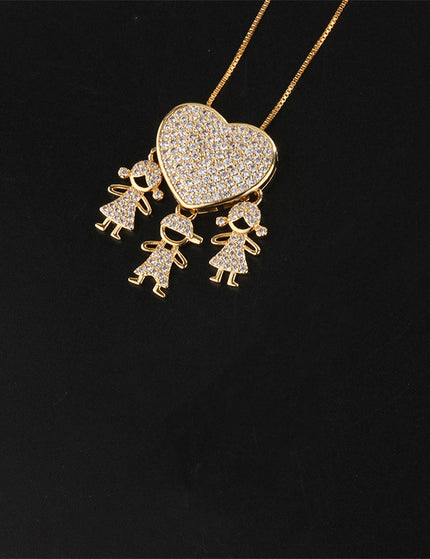 Fashion Jewelry Son Daughter Heart Gold Color Cubic Zirconia Family Girl Boy Pendant Necklace Chain Jewelry For Mother Gift