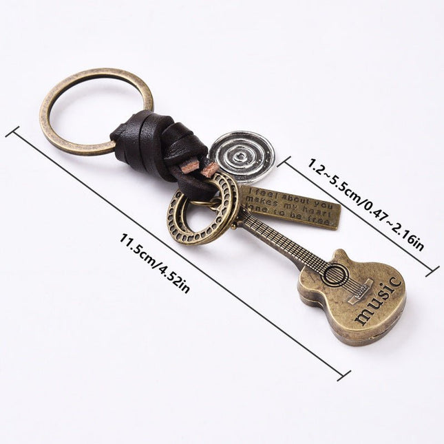 Simple Personality Vintage Guitar Keychain Cowhide Woven Charm Music Lovers