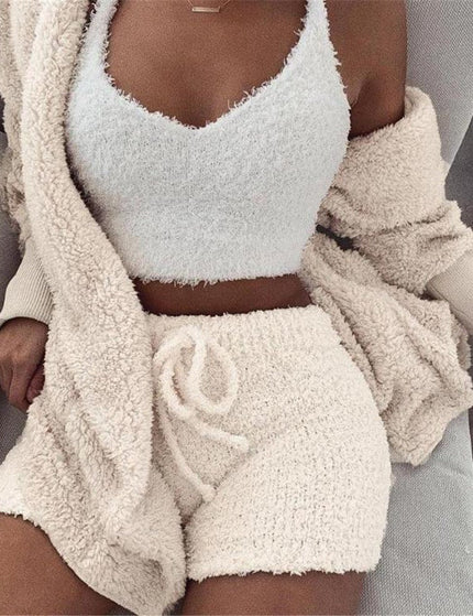 3pcs Womens Clothing Long Sleeve Crop Tank Top And Drawstring Shorts Pajama Set