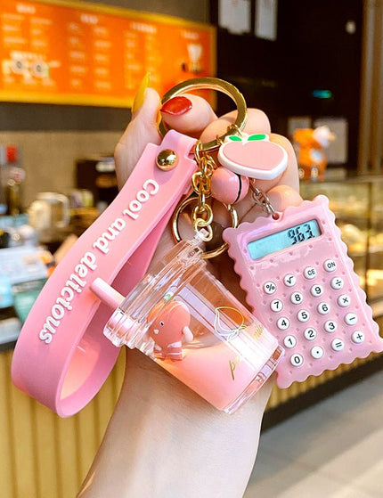 Milk Bottle Crystal Peach Milk Tea Cup Keychain Cute Fur Ball Key Chain Bag Pendant