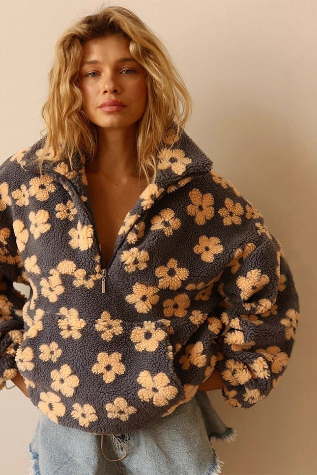 Winter Flowers Lambskin Sweatshirt With Big Pocket Casual Loose Zip-up Lapel Pullover Top Women's Clothing