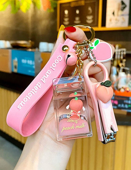 Milk Bottle Crystal Peach Milk Tea Cup Keychain Cute Fur Ball Key Chain Bag Pendant
