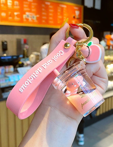 Milk Bottle Crystal Peach Milk Tea Cup Keychain Cute Fur Ball Key Chain Bag Pendant