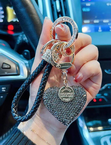 Clay Diamond Fully Jeweled Loving Heart Key Chain Diamond Leather Rope