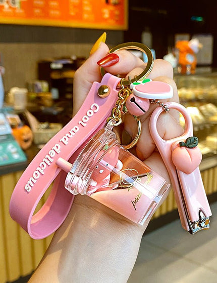Milk Bottle Crystal Peach Milk Tea Cup Keychain Cute Fur Ball Key Chain Bag Pendant