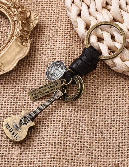 Simple Personality Vintage Guitar Keychain Cowhide Woven Charm Music Lovers