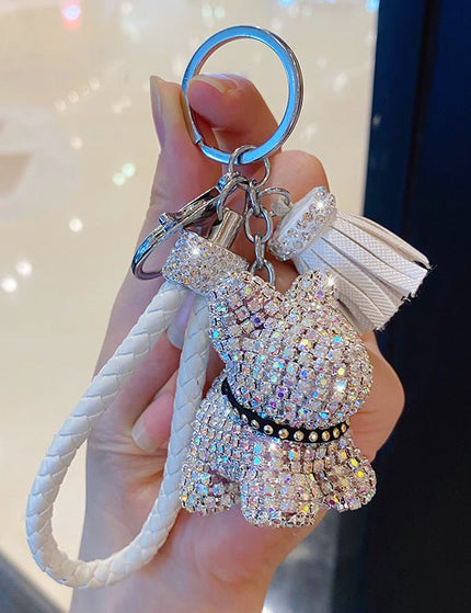 Cartoon Full Drill Method Fighting Dog Keyring Cute Men And Women Tassel Bag Keychain Ring Hanging Ornament