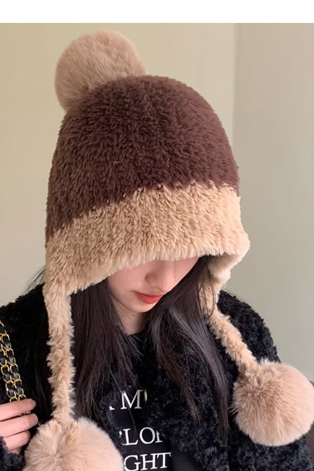 Fleece-lined Thickened Knitting Hanging Ball Woolen Cap Warm Ear Protection Knitted Hat