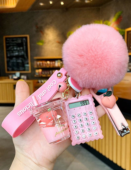 Milk Bottle Crystal Peach Milk Tea Cup Keychain Cute Fur Ball Key Chain Bag Pendant