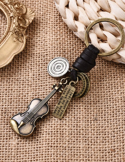 Simple Personality Vintage Guitar Keychain Cowhide Woven Charm Music Lovers