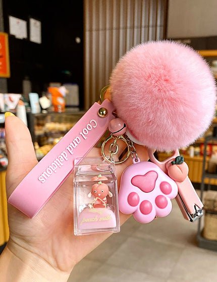 Milk Bottle Crystal Peach Milk Tea Cup Keychain Cute Fur Ball Key Chain Bag Pendant