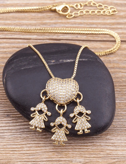 Fashion Jewelry Son Daughter Heart Gold Color Cubic Zirconia Family Girl Boy Pendant Necklace Chain Jewelry For Mother Gift