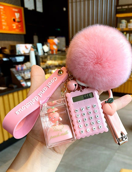 Milk Bottle Crystal Peach Milk Tea Cup Keychain Cute Fur Ball Key Chain Bag Pendant