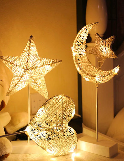 Rattan Star, Moon or Heart Table Lamp- Cozy Night Lamp for Home Decor
