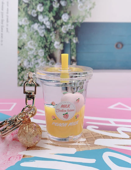 Peach Into Oil Floating Keychain Girl Heart Quicksand Milk Tea Cup Car Bag Pendant