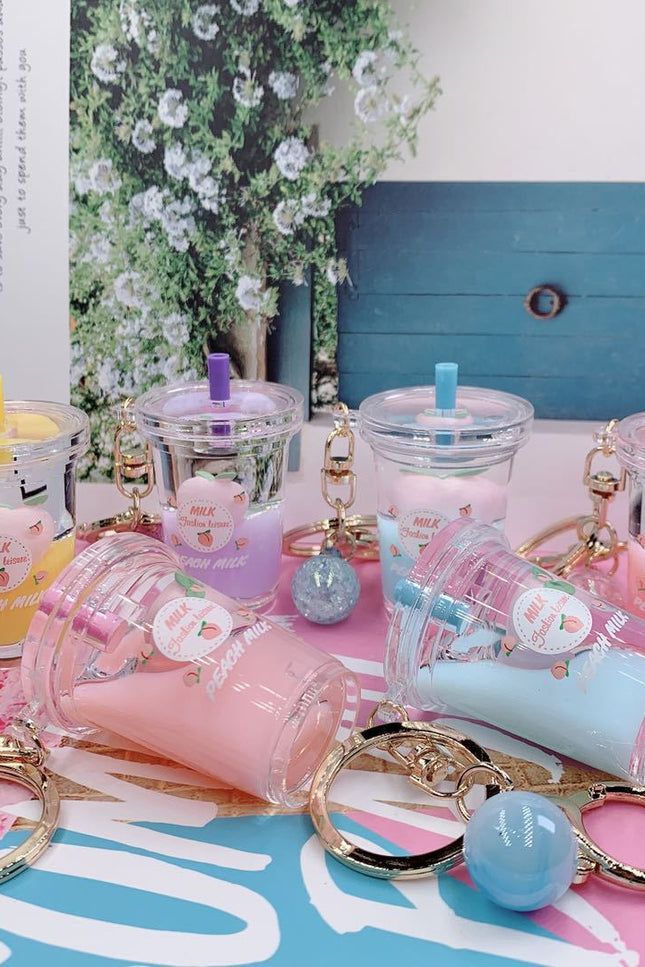 Peach Into Oil Floating Keychain Girl Heart Quicksand Milk Tea Cup Car Bag Pendant