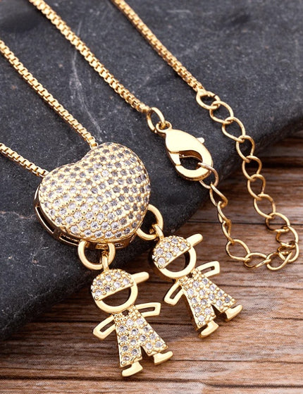 Fashion Jewelry Son Daughter Heart Gold Color Cubic Zirconia Family Girl Boy Pendant Necklace Chain Jewelry For Mother Gift