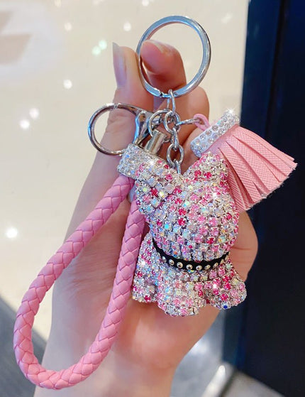 Cartoon Full Drill Method Fighting Dog Keyring Cute Men And Women Tassel Bag Keychain Ring Hanging Ornament