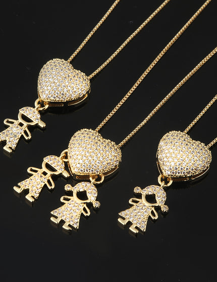 Fashion Jewelry Son Daughter Heart Gold Color Cubic Zirconia Family Girl Boy Pendant Necklace Chain Jewelry For Mother Gift
