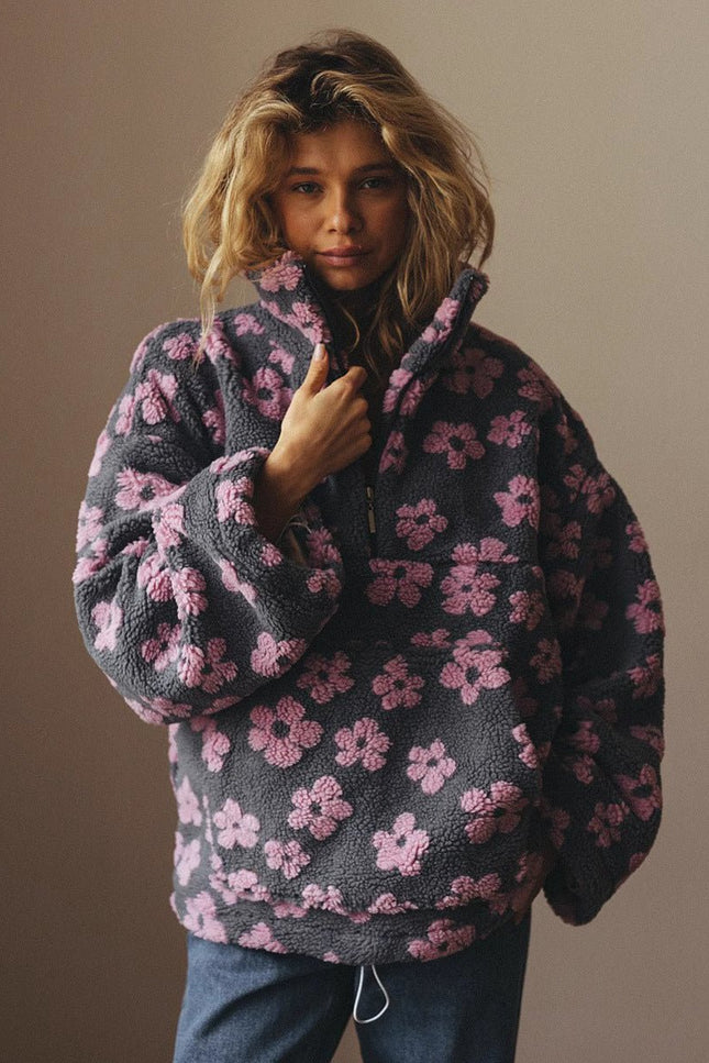 Winter Flowers Lambskin Sweatshirt With Big Pocket Casual Loose Zip-up Lapel Pullover Top Women's Clothing