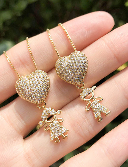 Fashion Jewelry Son Daughter Heart Gold Color Cubic Zirconia Family Girl Boy Pendant Necklace Chain Jewelry For Mother Gift