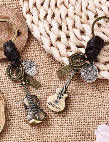 Simple Personality Vintage Guitar Keychain Cowhide Woven Charm Music Lovers