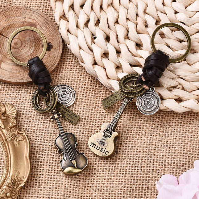 Simple Personality Vintage Guitar Keychain Cowhide Woven Charm Music Lovers