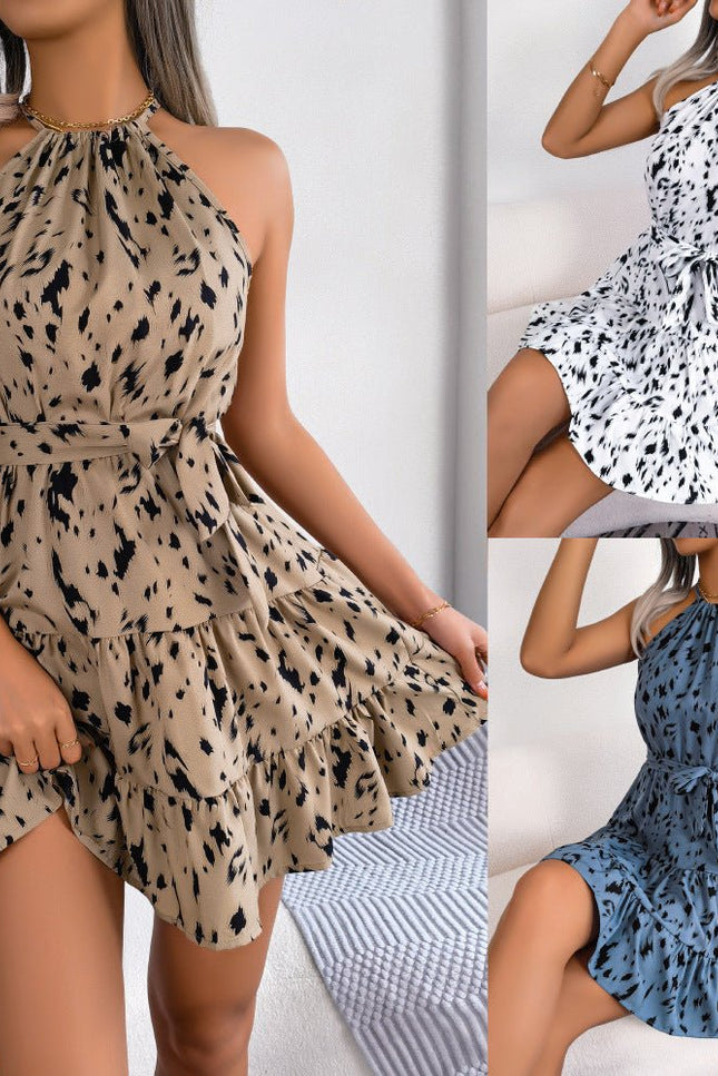 Casual Leopard Print Ruffled Swing Dress Summer Fashion Beach Dresses Women