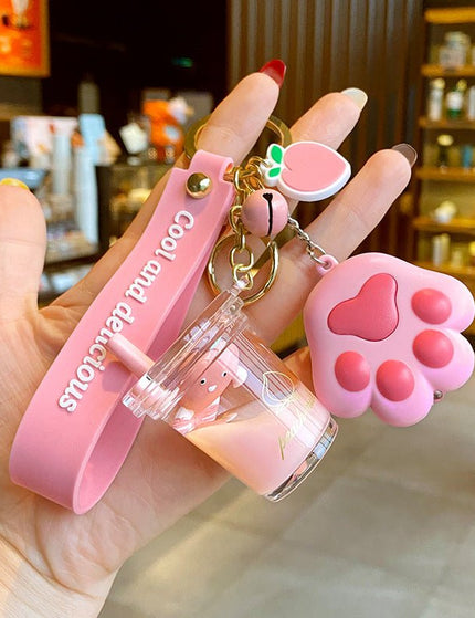 Milk Bottle Crystal Peach Milk Tea Cup Keychain Cute Fur Ball Key Chain Bag Pendant