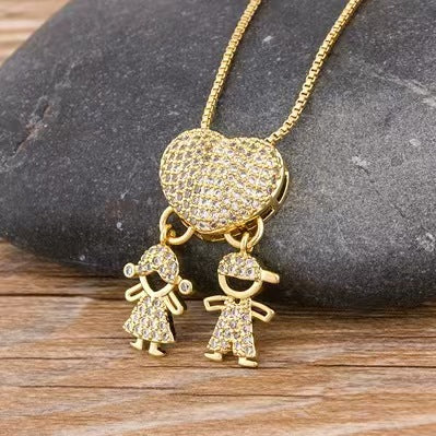 Fashion Jewelry Son Daughter Heart Gold Color Cubic Zirconia Family Girl Boy Pendant Necklace Chain Jewelry For Mother Gift