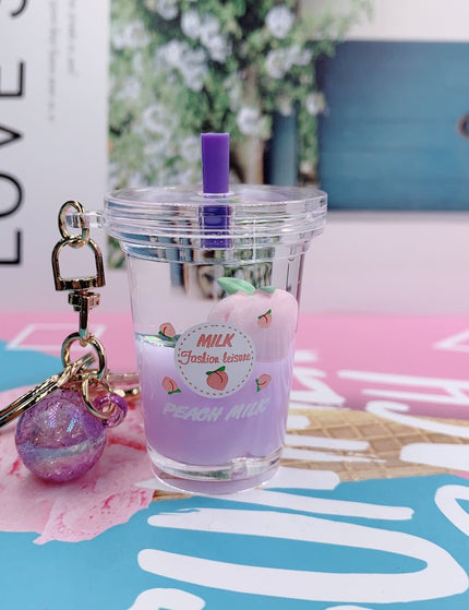 Peach Into Oil Floating Keychain Girl Heart Quicksand Milk Tea Cup Car Bag Pendant