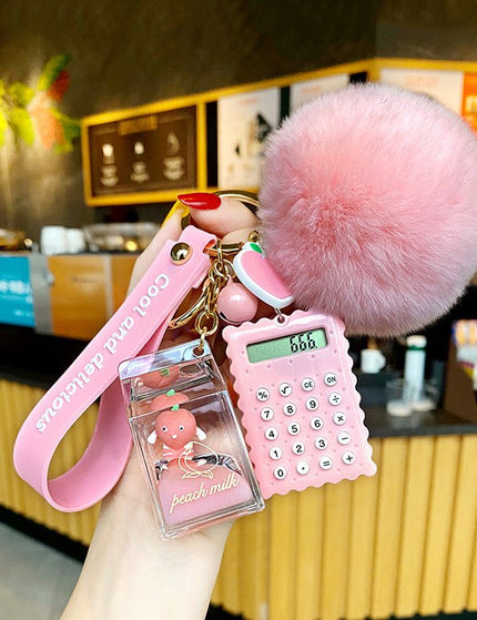 Milk Bottle Crystal Peach Milk Tea Cup Keychain Cute Fur Ball Key Chain Bag Pendant