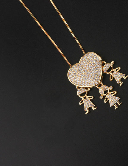 Fashion Jewelry Son Daughter Heart Gold Color Cubic Zirconia Family Girl Boy Pendant Necklace Chain Jewelry For Mother Gift