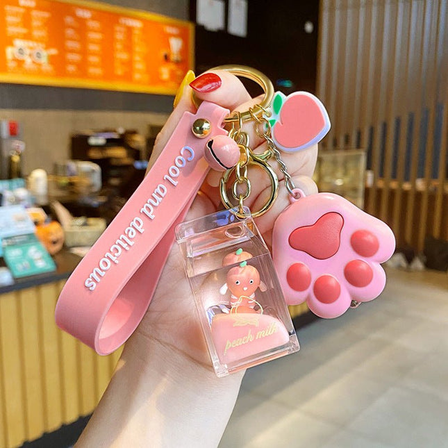 Milk Bottle Crystal Peach Milk Tea Cup Keychain Cute Fur Ball Key Chain Bag Pendant