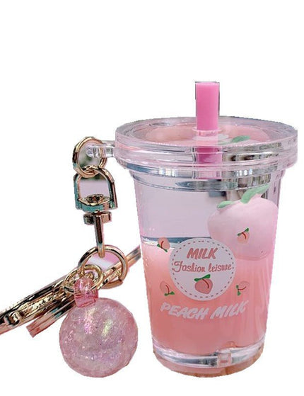 Peach Into Oil Floating Keychain Girl Heart Quicksand Milk Tea Cup Car Bag Pendant